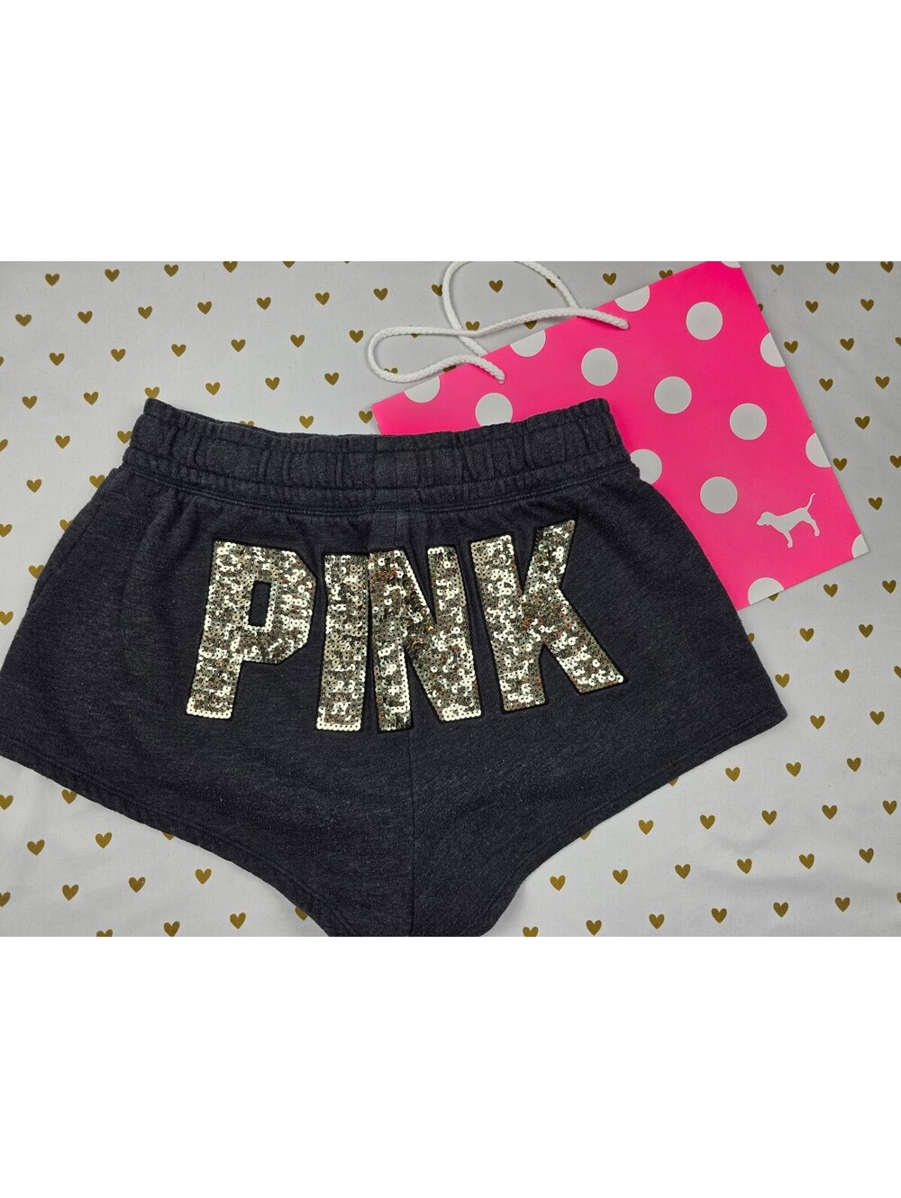 PINK Victoria's Secret Sequin Logo Lounge Shorts Gray Fleece Drawstring Small